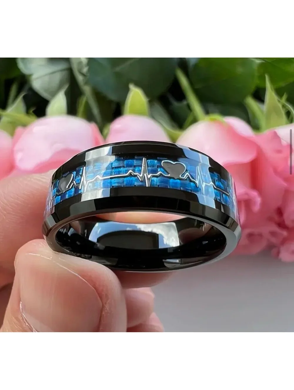 New - Stylish Stainless Steel 8mm Ring with Heartbeat Design - Size 10